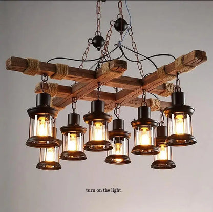 8 Lights Retro Wood Pendant Lights 8 Head Vintage Industrial Loft Glass Iron LED Chandelier Suspension Lamp Wooden Droplight