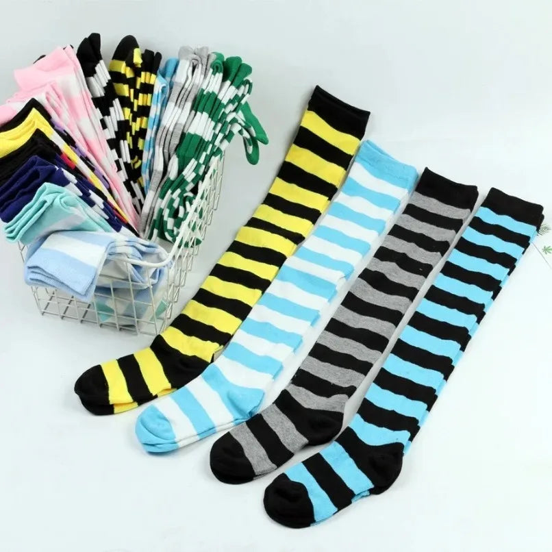 Thigh High Stockings Womens Striped Ladies Girls Black White Pink Long Over Above Knee Socks Femboy Cosplay Lolita Harajuku Y2k