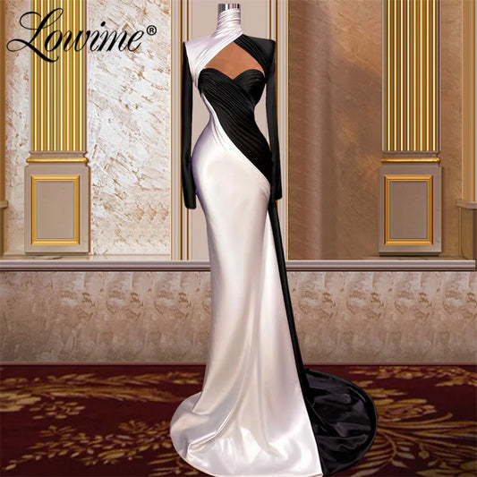 Formal Long Sleeves Black and White Evening Dresses Mermaid Plus Size Elegant Prom Party Dress Vestido De Fiesta Customized 2022