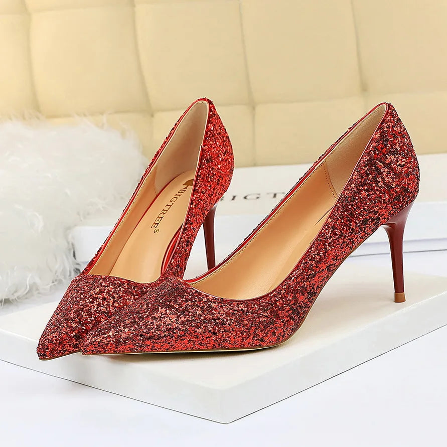 Women 7cm 9.5cm High Heels Pumps Wedding Bridal Scarpins Sparkly Mid Heels Lady Party Sequins Glitter Evening Gold Silver Shoes