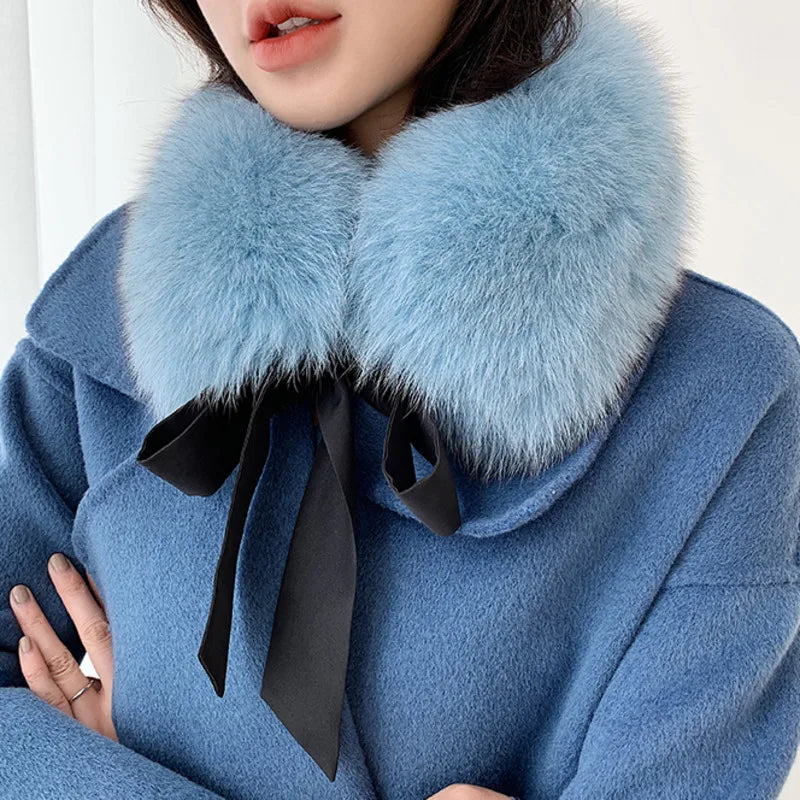 Winter Warm Fox Fur Collar Female Real Fur Collar Fashion Fluffy Clothing Accessories Collar Women Luxury Fur Scarf With Ribbons