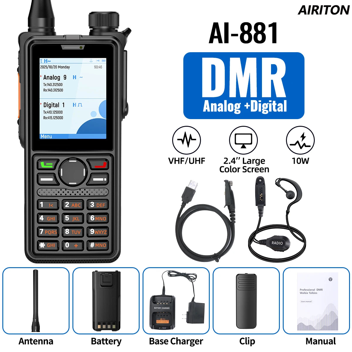 AIRITON AI-881 DMR Walkie Talkie IP67 Waterproof 10W High Power Dual Time Slot Large Color Screen New AR-880 VOX Two Way Radio