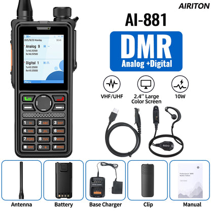 AIRITON AI-881 DMR Walkie Talkie IP67 Waterproof 10W High Power Dual Time Slot Large Color Screen New AR-880 VOX Two Way Radio