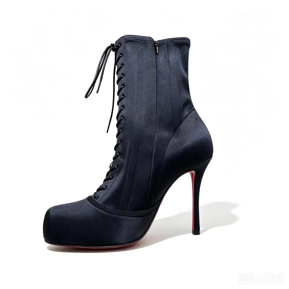 Women Square Toe Lace‑Up Ankle Booties Stiletto High Heels Platform Fashion Party Nightclub Ladies Dress Shoes Zapatos Mujer