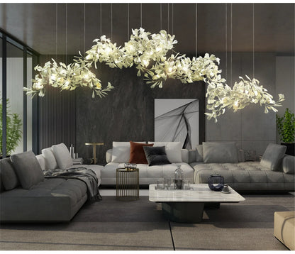 Ginkgo Leaves Loft Hanging Chandelier Light For High Ceiling Staircase Living Dining Room Modern White Porcelain Leaf Chandelier