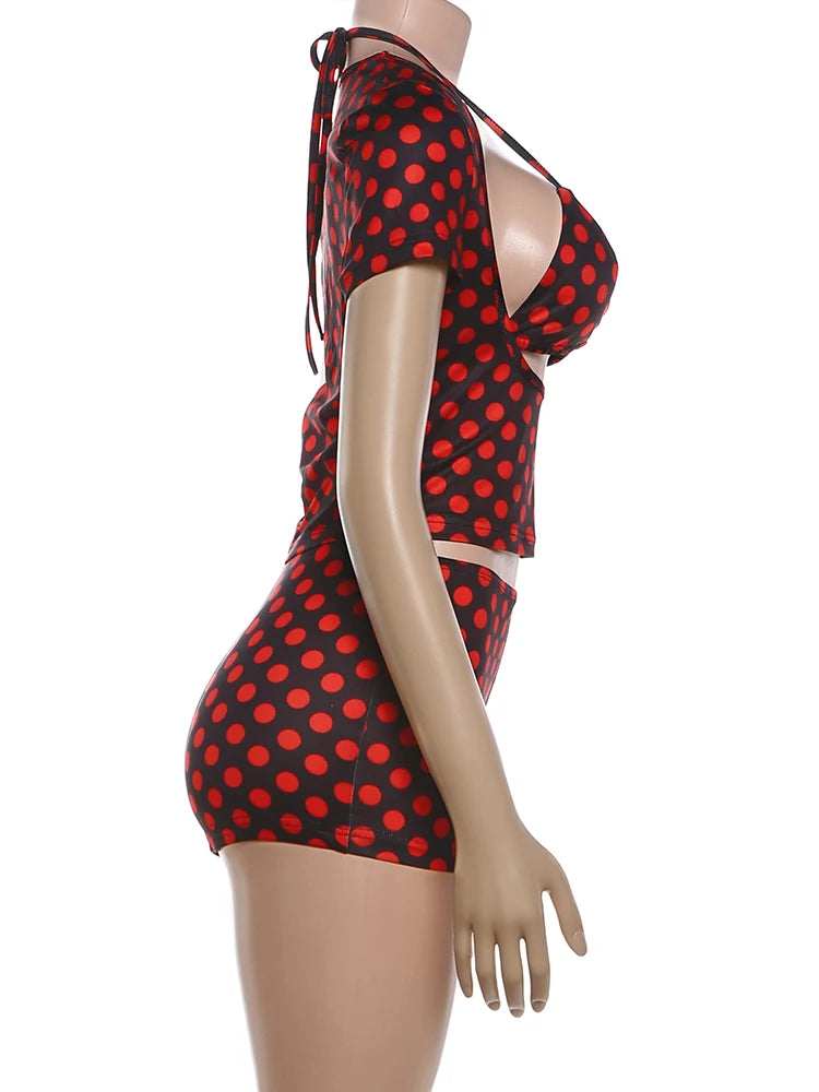 Sisterlinda Sexy Women Polka Dot Print 2 Piece Set Hollow Bandages Low-Neck Tank Top+Bike Short Street Party Vacation Suits