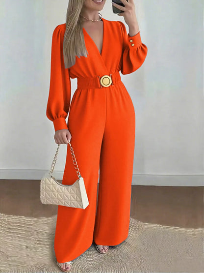 Fashion Commuting Jumpsuits Belt Lace Up Wide Legger Romper Casual Long Sleeve Women's Autumn Elegant V neck Solid Long Playsuit