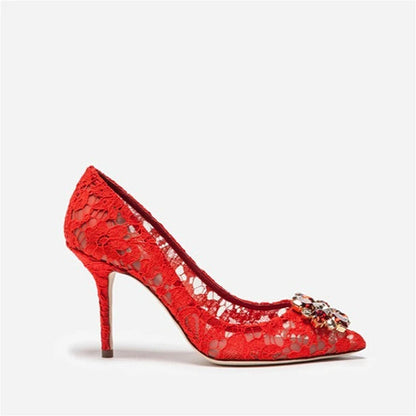 Mesh lace high-heeled shallow mouth shoes 2026 new pointed crystal buckle slim heel fashionable banquet women's single shoes