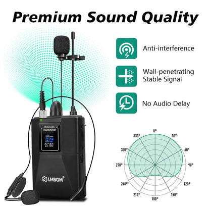 LMBGM R22 2Channel UHF Wireless Lavalier Microphone & Headset System, Professional Dual Frequency Wireless Receiver Set with 2 Bodypack Transmitters, Cardioid Condenser Lapel Mic for Stage Show, Church, Teaching, Speech, Publ
