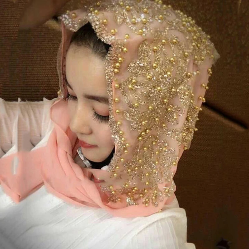 Chiffon Hijab Scarf Muslim Islamic Hijabs Scarves for Woman Long Headwraps with Bead Head Scarf Shawl Wrap Prayer Turbante