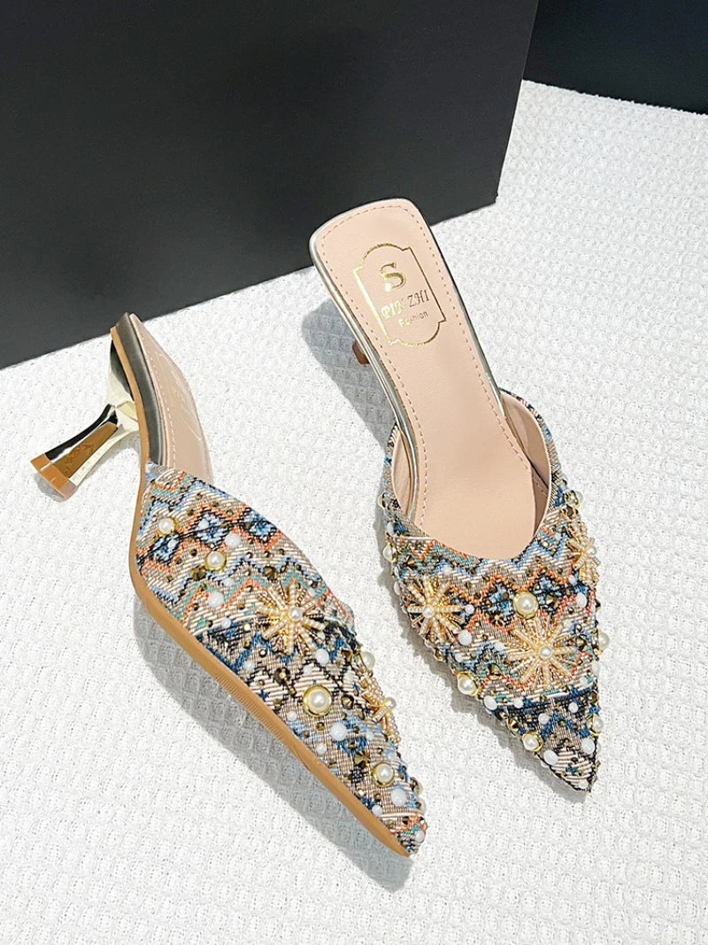 Luxury String Bead Decoration Design Brand High Heel Slippers Women Shiny Rhinestone Slide Sandals Elegant Wedding Bridal Shoes