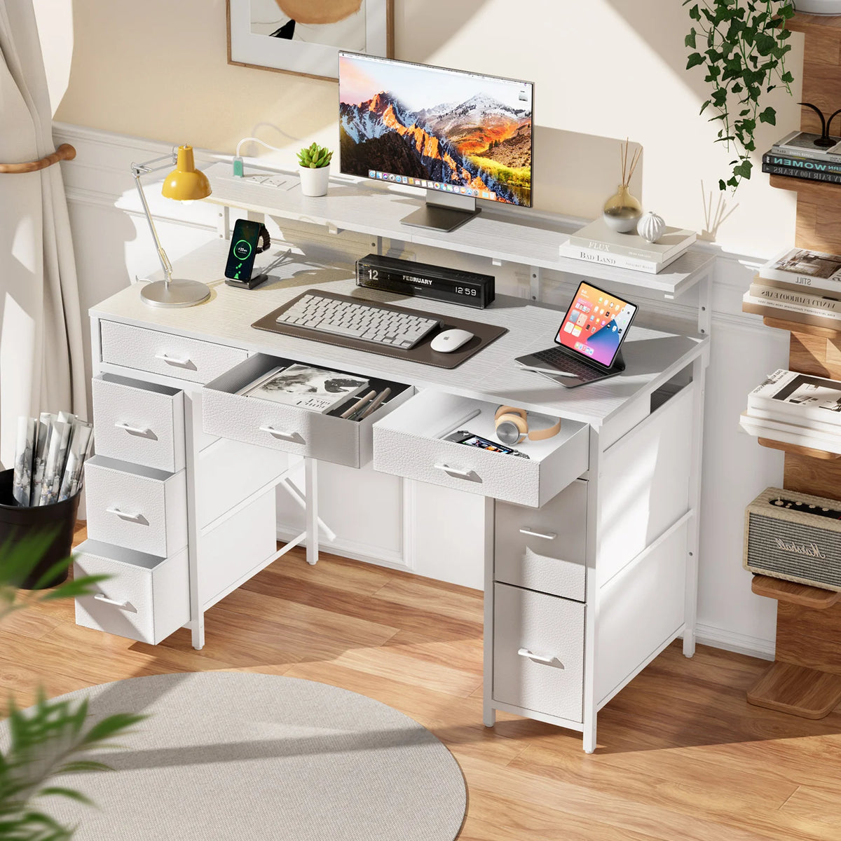 47Inch Computer Desk with Storage Drawers, Gaming Desk with LED Lighting and USB Ports, Home Office Desk with Monitor Stand, Suitable for Studies, Available in 4 Colours