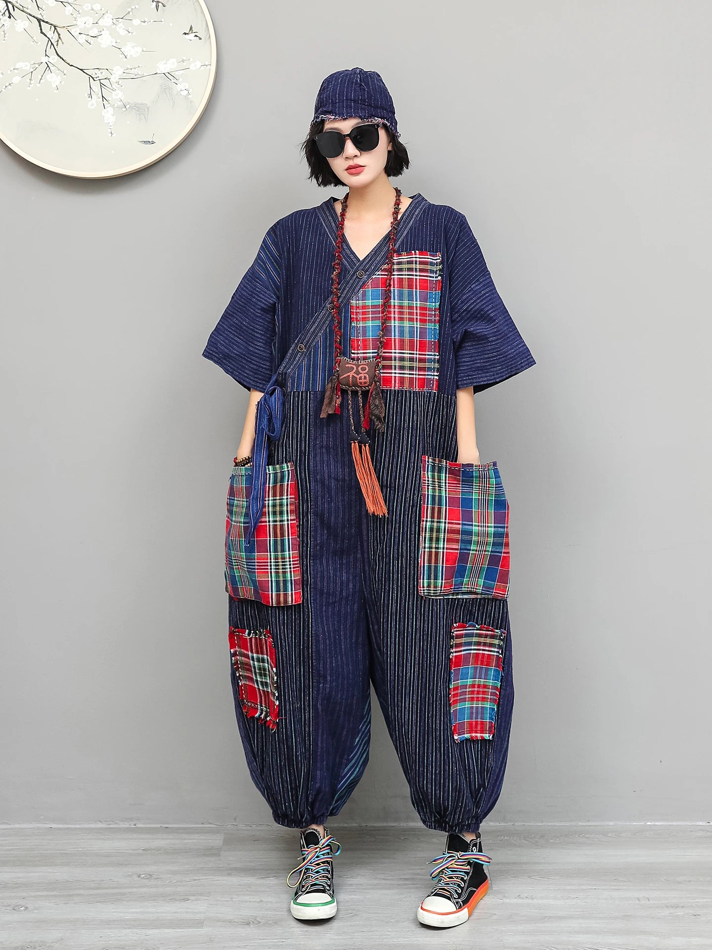 Women Plaid Jumpsuit Loose Wide Legs Short Sleeves Diagonal Buttons Straps Jumpsuit LX6229