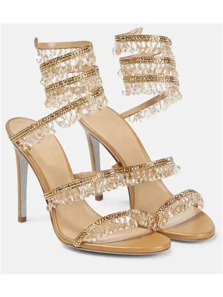 2026Women's New Water Diamond Sandals Fashion Tassel Crystal Shoes Sexy Banquet Party Twin Stiletto Women's Large Sandals
