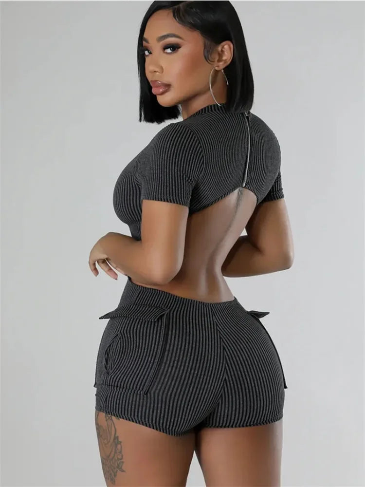 Knitted Ribbed Bodycon Playsuit Women Rompers Summer Clothes Short Sleeve Open Back Pockets Skinny One Piece Jumpsuit De Mujeres