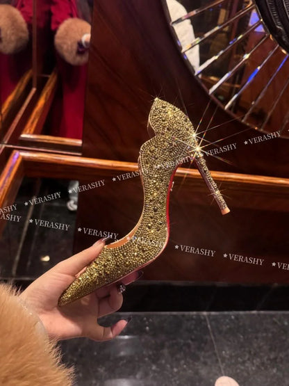High Heels Women 2025 Spring New gold Sexy Pointy French Thin With Single Shoes Women Crystal Wedding Shoes Women Red Sole Shoe
