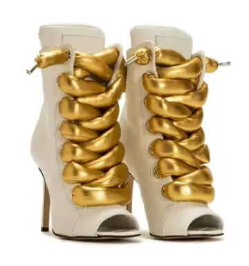 Red White Matte Leather Cross Tied Lace Up Ankle Boots Peep Toe Big Gold Silver Metallic Braided Straps High Heel Booties Shoes