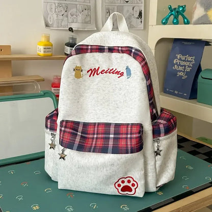 Preppy Style Blue Backpack for Girls, Plaid Spliced School Bag, Cute Nylon Daypack Star Pendant, Large Capacity Student Rucksack