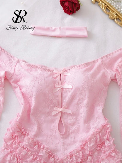 SINGREINY Off Shoulder Hotsweet Sexy Bodysuits Women Long Sleeves Ruffles Sweet Rompers Hollow Out Floral Lace Pink Playsuits