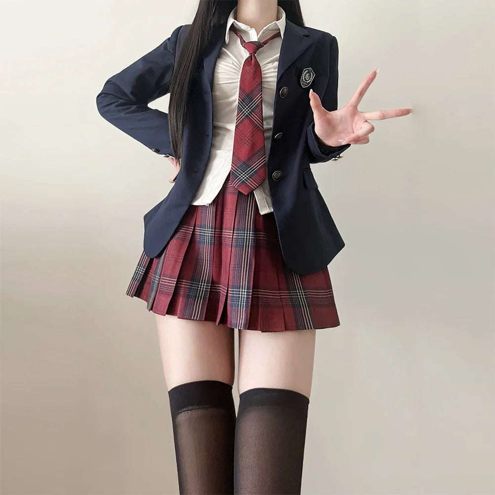 JK Uniform Suit Plaid Skirt Suit Slim Girl Pure Desire Pink Summer School Sister Battle Robe Tight School Uniform