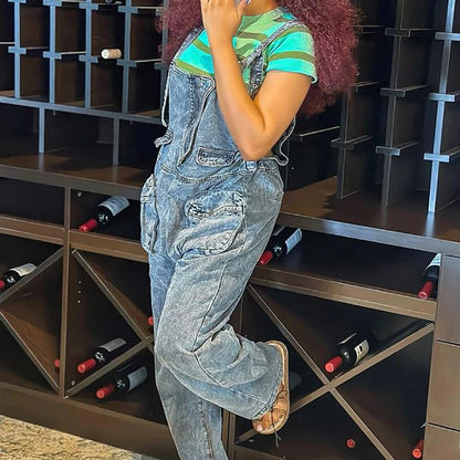 Denim Jumpsuits Women One Piece Pants Sleeveless V Neck Pockets High Waist Straight Pant Casual Rompers Overalls Spring Summer