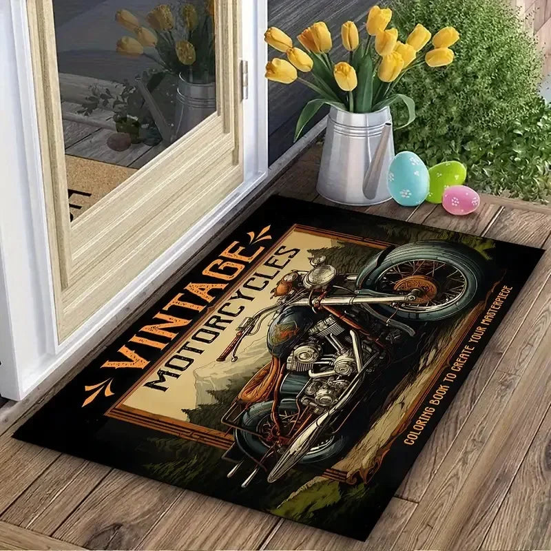 VIKAMA Retro Motorcycle Design Door Mat, Durable And Anti-Slip Entrance Carpet, Foyer Carpet, Home Decoration