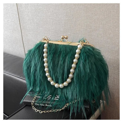 Beading Chain Women's Evening Plush Handbags Faux Fur Tassel Ladies Shoulder Bag Elegant Female Crossbody Bags Party Furry Purse