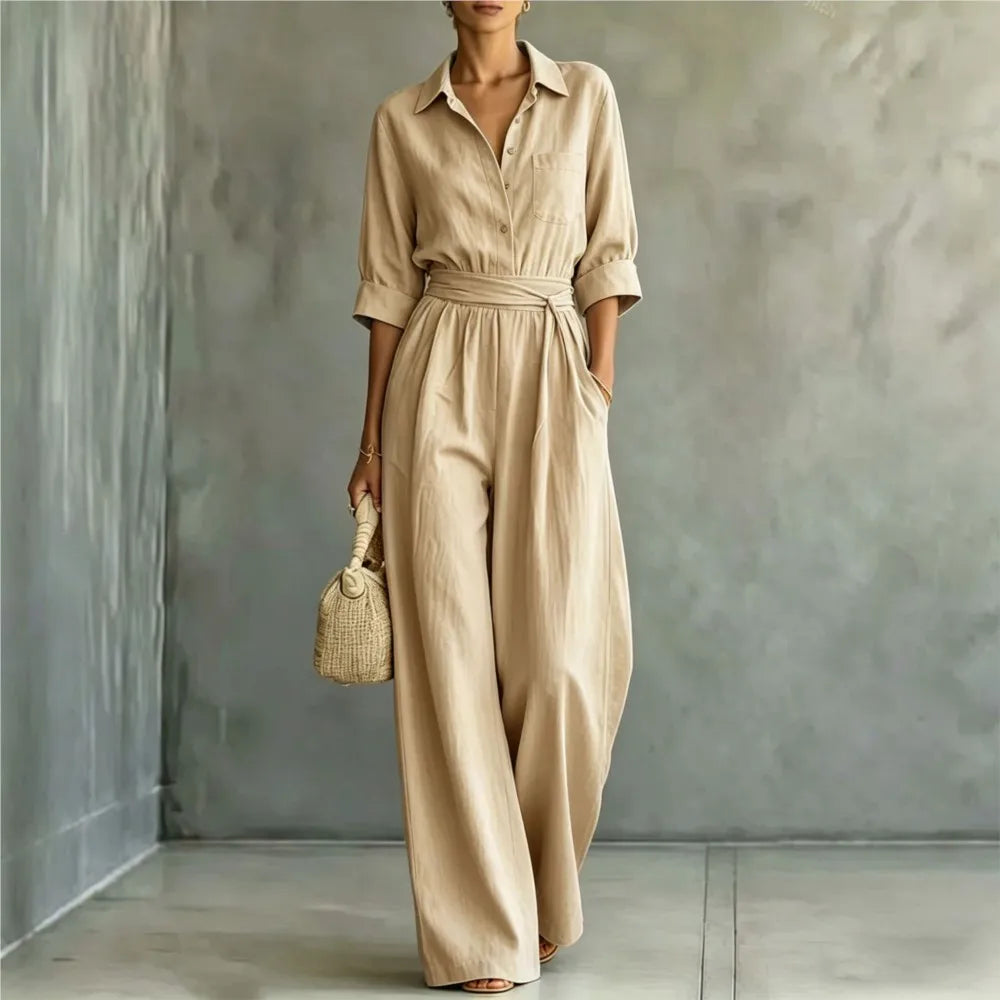 Women's Mid-sleeve Shirts Jumpsuits Spring Summer New 2026 New Fashion Elegant Waisted Lace-up Wide-leg Trousers Female Rompers