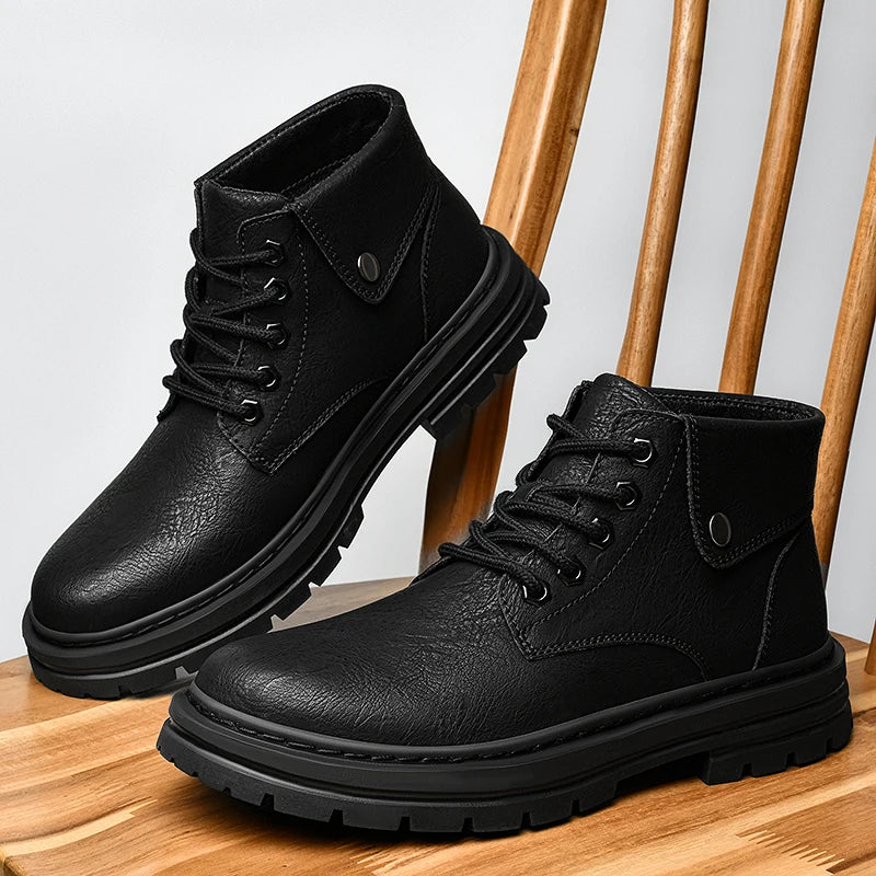 Genuine Leather Mens Motorcycle Boots Handmade Retro Men Ankle Boots Man Winter Plush Snow Botas Outdoor High Top Shoes Sneakers