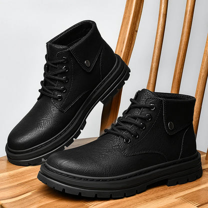 Genuine Leather Mens Motorcycle Boots Handmade Retro Men Ankle Boots Man Winter Plush Snow Botas Outdoor High Top Shoes Sneakers