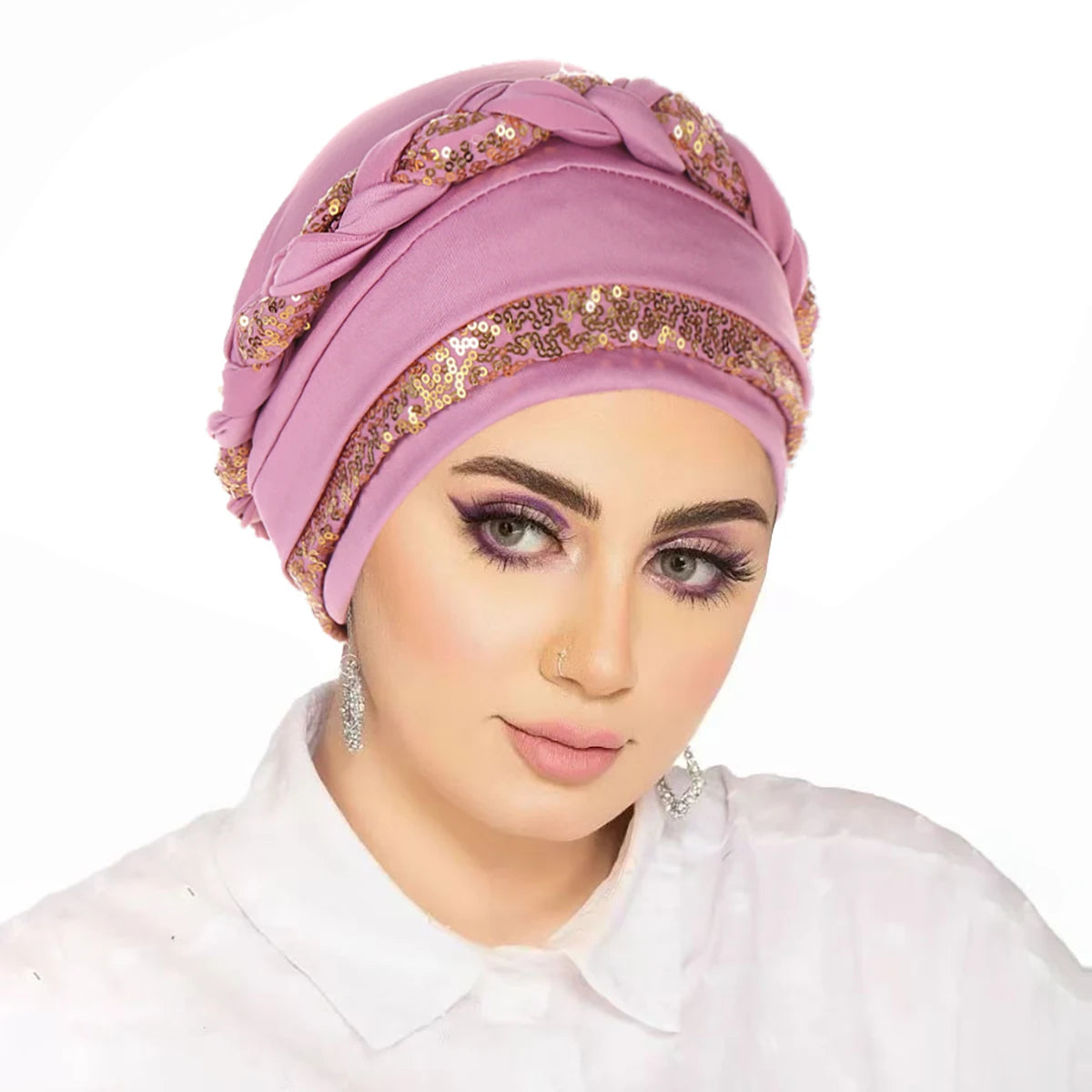 Women Hijabs Turban Hats Sequin Solid Color Braid Twist Caps Cancer Chemotherapy Beanies Cap Headwrap Plated Hair Loss Cover