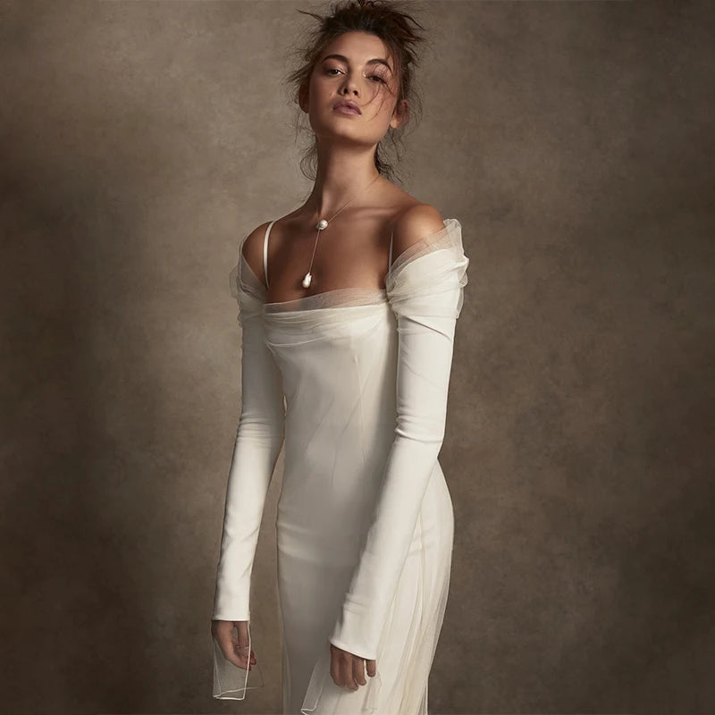 Sexy Long Sleeves Boat Neck Sheath/Cloum Wedding Dresses Formal Bride Grown 2022