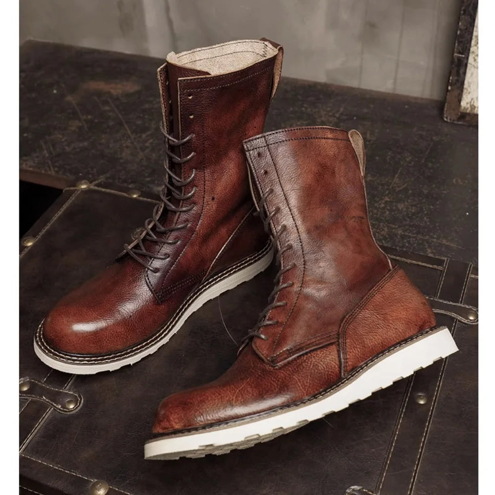 Fashion Men's Cow Genuine Leather Motorcycle Boots Brogue Shoes Retro High Round Toe Mid-calf Western Chelsea Riding Boots