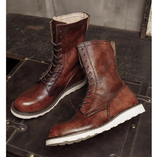 Fashion Men's Cow Genuine Leather Motorcycle Boots Brogue Shoes Retro High Round Toe Mid-calf Western Chelsea Riding Boots