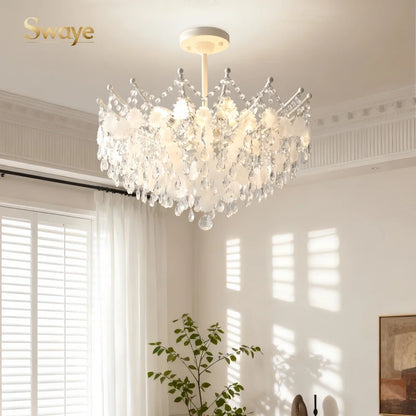French Luxury LED Pendant Lights Blue White Natural Shell Crystal Chandelier Lamps for Romantic Living Dining Bedroom Home Decor