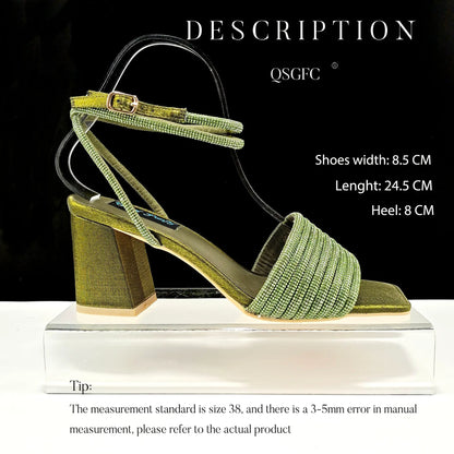Stylish And Special Olive Bright Bag Match Women's Sandals Set With Big Diamond Tassels And Long And Short Double Chains