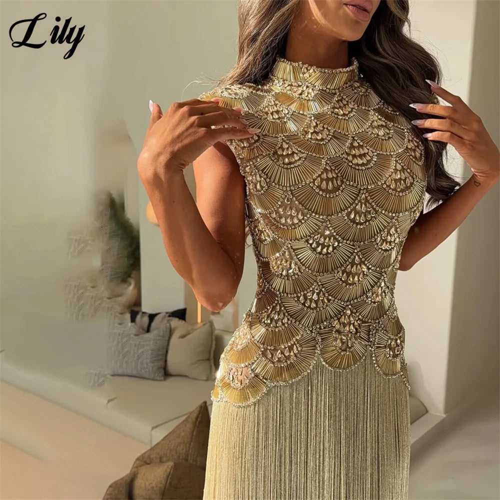 Lily Gold Evening Dress High Neck Cap Sleeve Party Dress Crystal Mermaid Vestidos De Fiesta Tassel Luxury Prom Gowns Customized