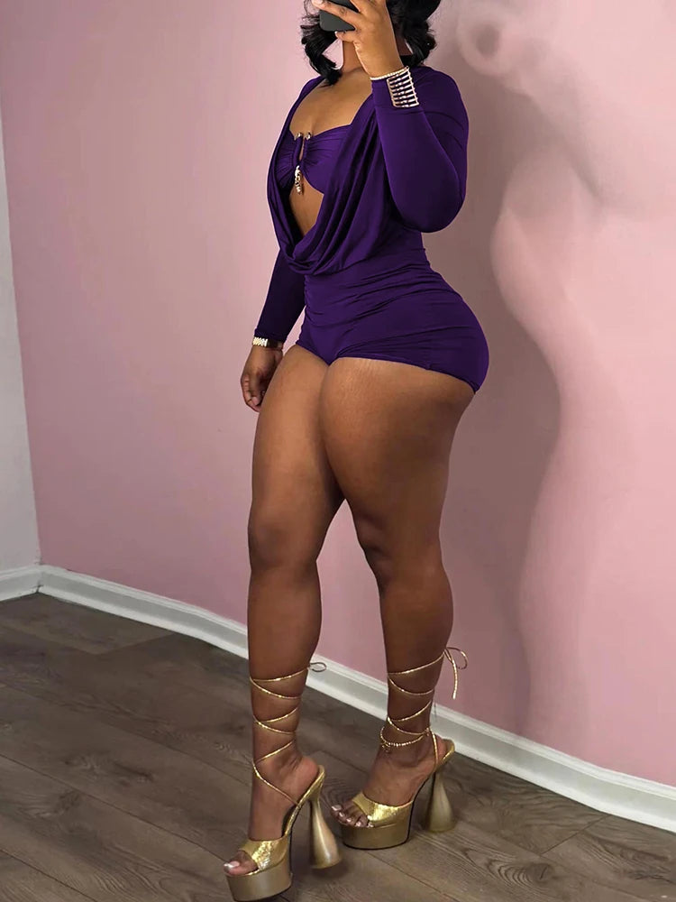 Sisterlinda Swinging Neck Playsuits Women Solid Metal Splice Cleavage Full Sleeve Stretch Sexy Slim Romers Chic Trend Clubwear