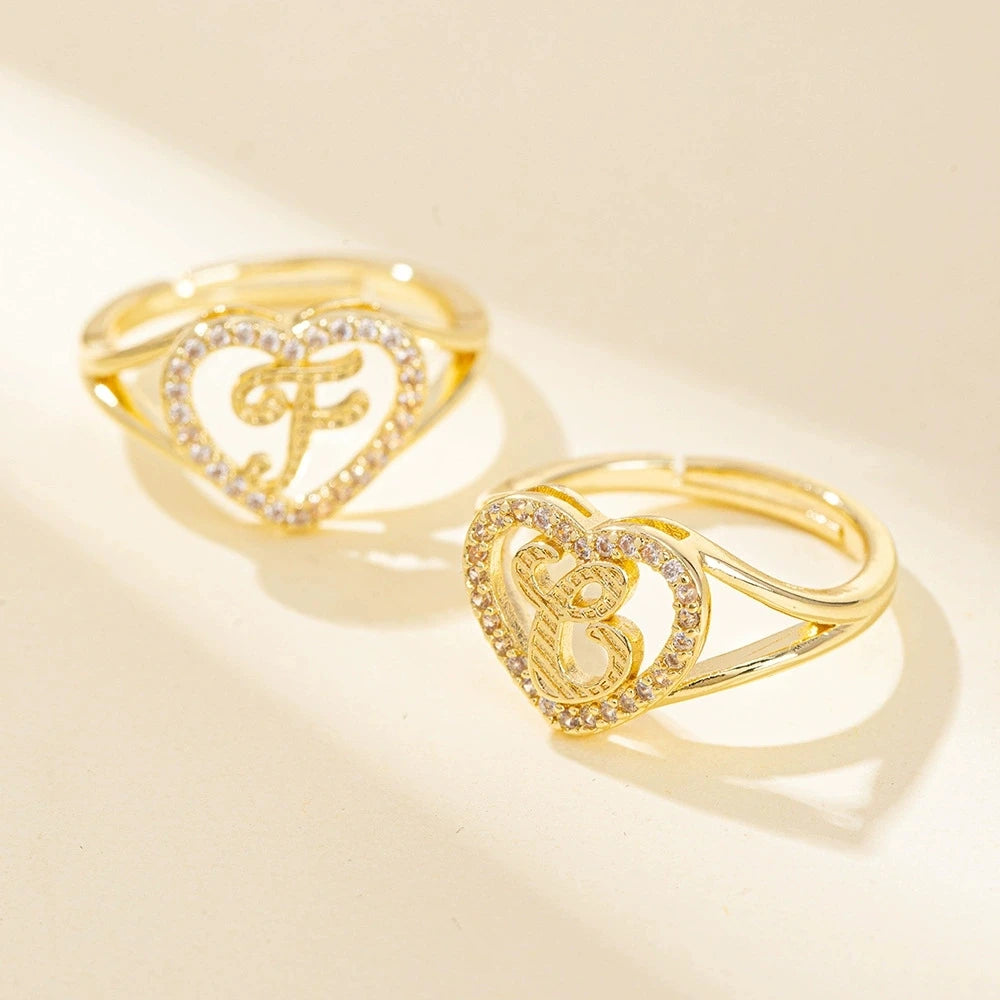 White Zircon 26 Letters A-Z Love Heart Open Adjustable Rings For Women Gold Silver Color Wedding Band Jewelry Mother's Day Gifts