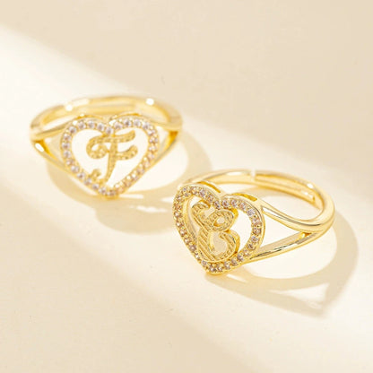 White Zircon 26 Letters A-Z Love Heart Open Adjustable Rings For Women Gold Silver Color Wedding Band Jewelry Mother's Day Gifts