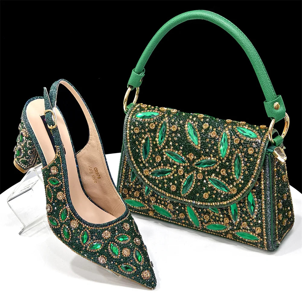 Elegant Women's Nigerian Fashion Pointed-Toe Party Shoe and Bag Set Rhinestone Luxurious Rhinestone Pumps for Special Occasions