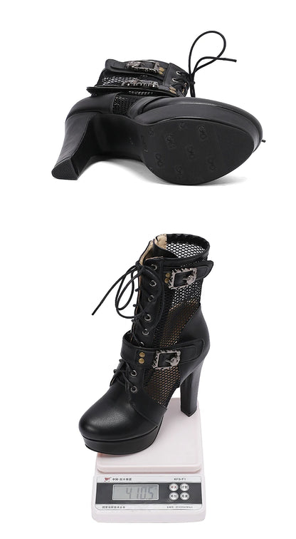 Plus Size Hollowed Out Mesh Patchwork PU Cross Tie Side Zipper Summer Cool Mid-Calf Boots Platform Ultra-High Thick Heel Boots