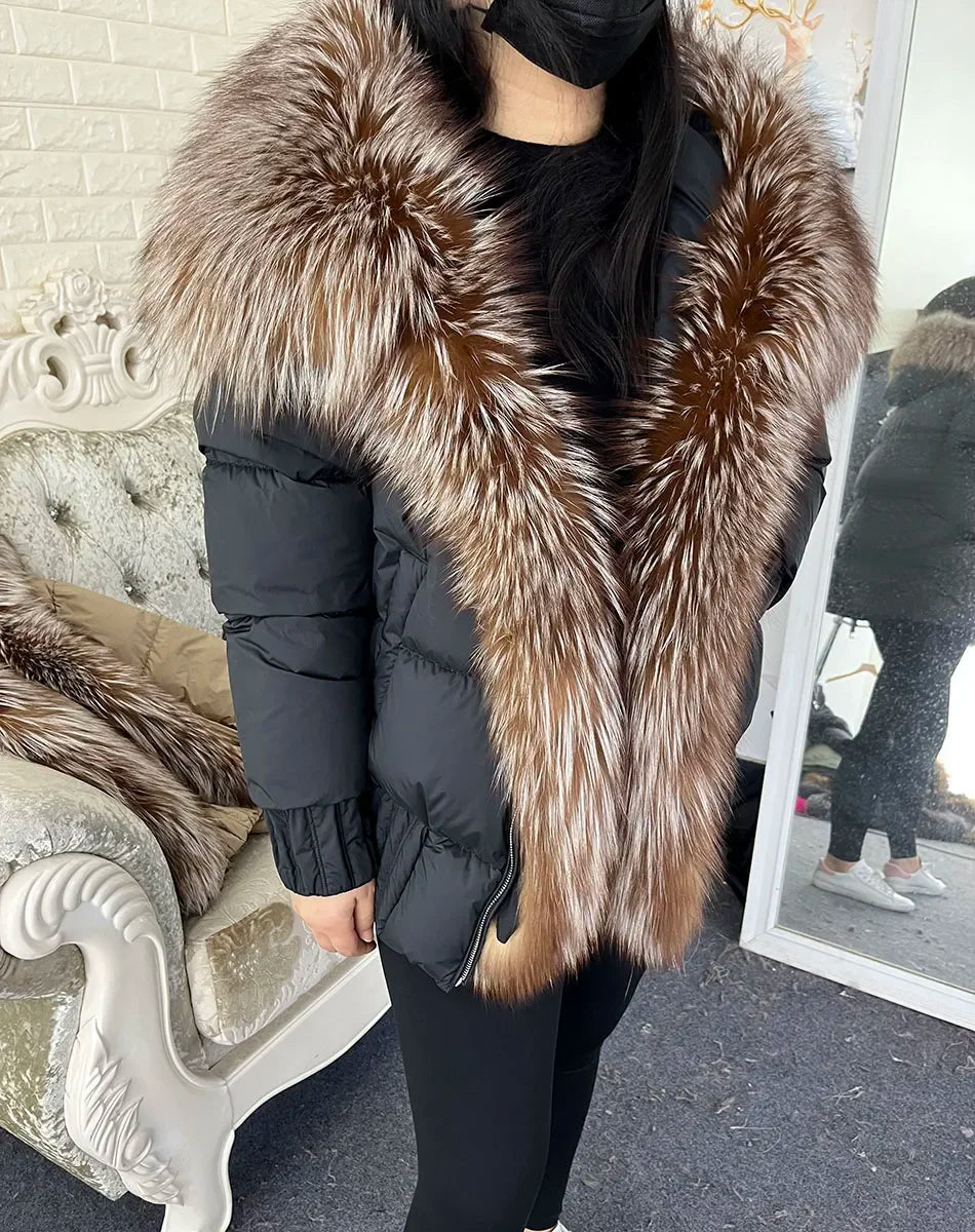MMK 2023 Winter Women Warm White Duck Down Jacket Natural Real Fox Fur Collar Hood Puffer Coat Thick Luxury Outerwear