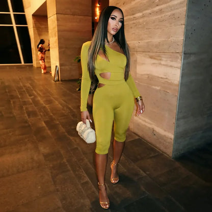 JENYAGE Women One Shoulder Cutout Jumpsuit Soft Stretchy Solid Color Sexy Long Sleeve Asymmetrical Bodycon Knee Length Romper