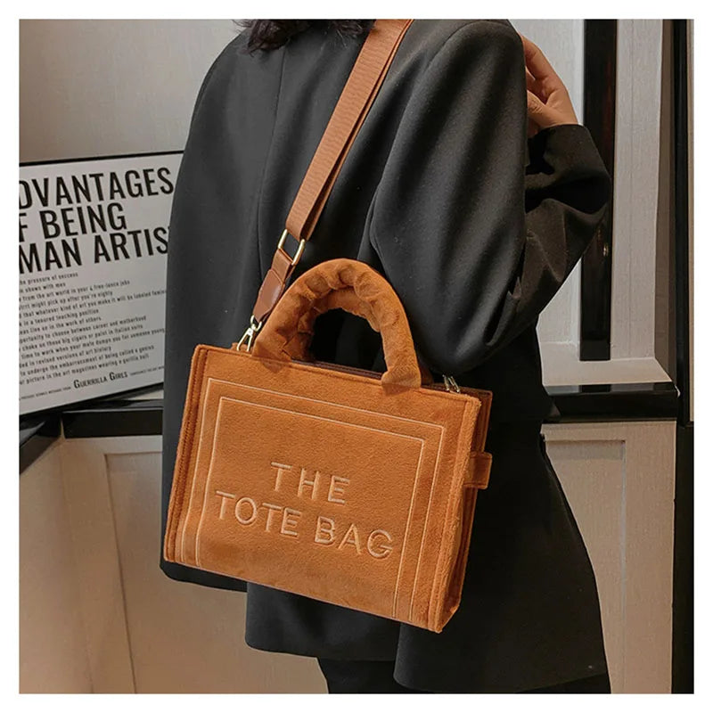 Women's Khaki Velour Tote Bag Original Letter Print Medium Ladies Shopper Handbag Female Square Medium Shoulder Bags