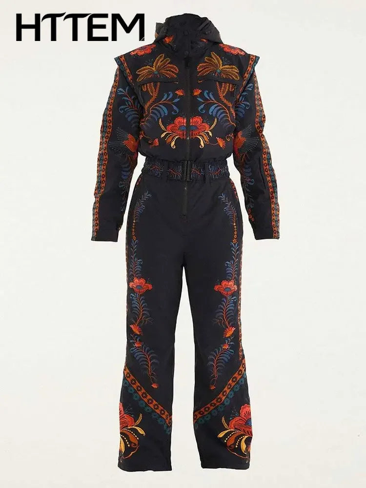 Printed Women's Ski Jumpsuits Warm Full Sleeve Zippers Stand Collar Pocket Lady Rompers 2026 Autumn Winter Female SkiWear New