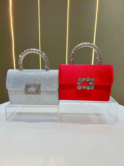 Rhinestone Faux Silk Emerald Evening Bag Silver Diamond Buckle Handle Fashion Handbags Elegant Ladies Square Bolsa Feminina