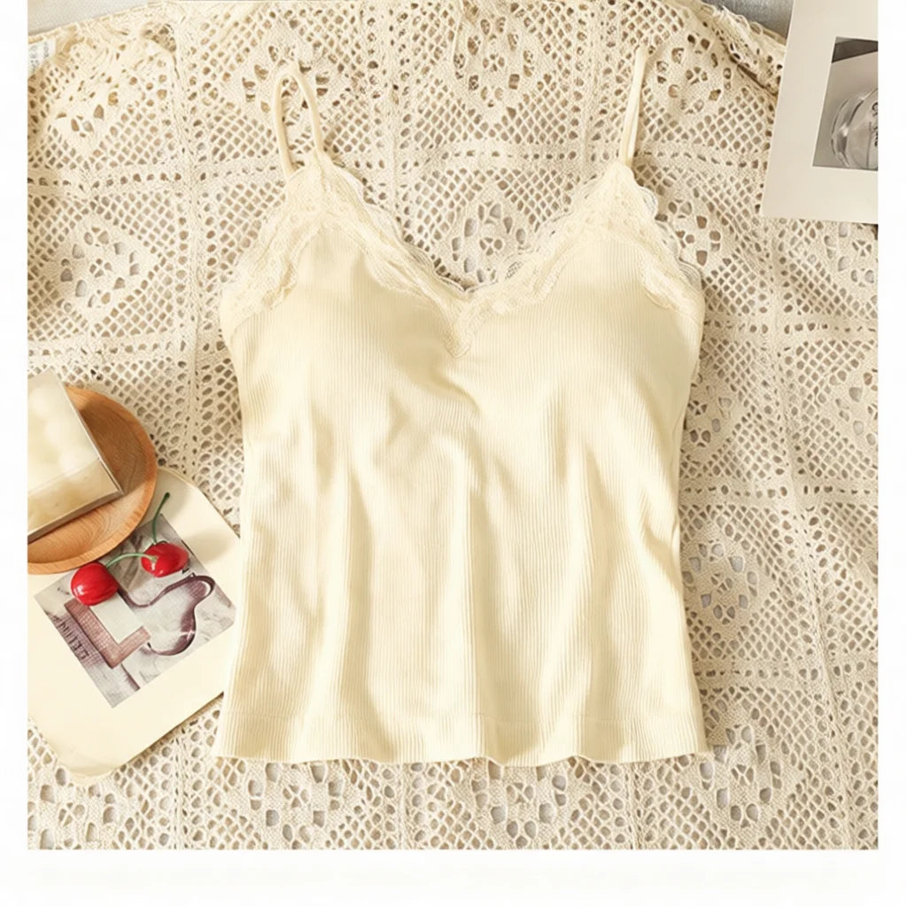 Women Sexy Padded Camisole Lace Back Seamless Tank Top V Neck Spaghetti Strap Vest Breathable Casual Base Layer Underwear