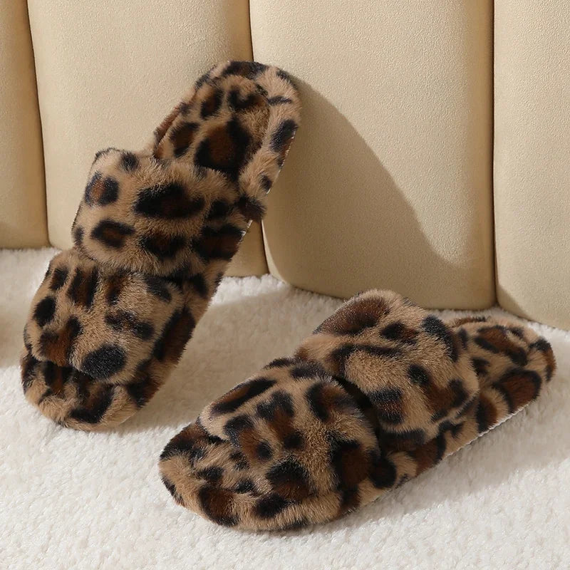 Leopard Pattern Plush Winter Slippers for Women Open Toe Soft Sole Fuzzy House Shoes Woman Indoor Comfort Warm Faux Fur Slippers