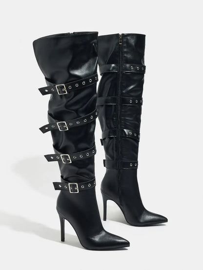 Fashion Belt Buckle Sexy Pointy Toe Over-the-knee Boots Women 10.5CM Stiletto Heels Black Thigh-high Nightclub Club knight Shoes